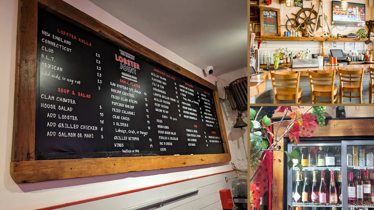Seafood restaurant interior with casual seating.